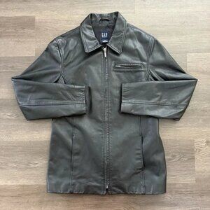Vintage Y2K Gap Leather Motorcycle Jacket Womens Medium Black Biker Cafe Racer